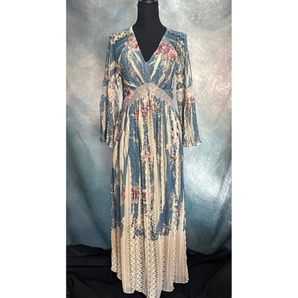Boho Maxi Dress Floral Lace Trim Long Sleeve Cottagecore Bohemian Gown